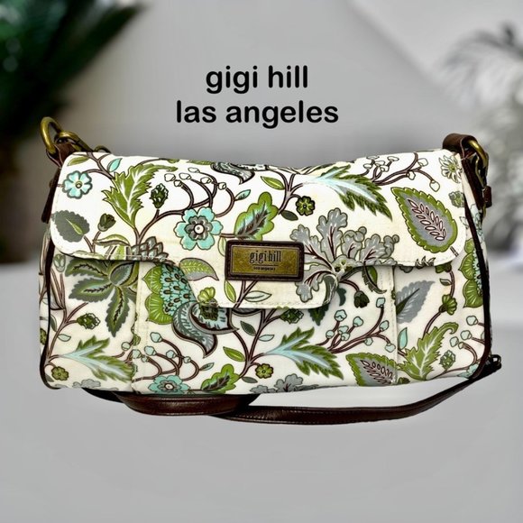 Gigi Hill Medium Green Brown White Floral 2 pocket Hand‎ Shoulder Purse - Picture 1 of 12